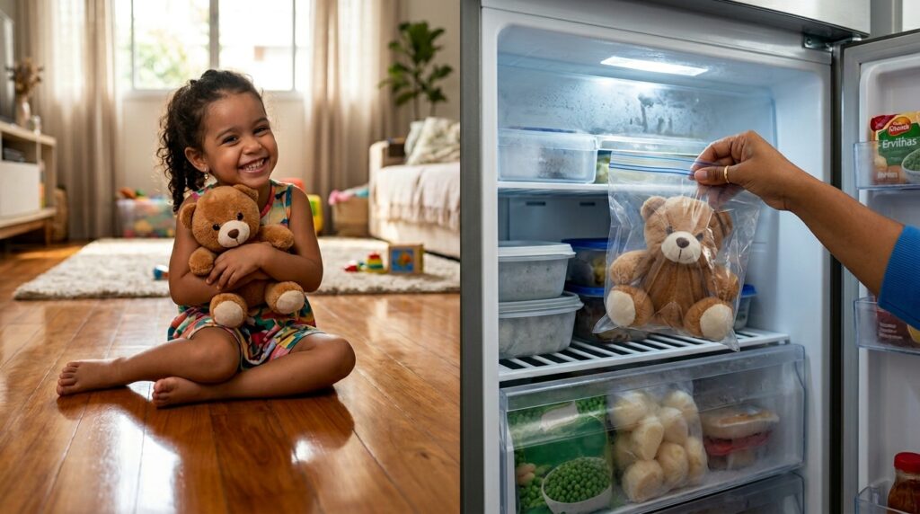 Uma imagem composta por duas fotos lado a lado. À esquerda, uma menina negra jovem e sorridente abraça um urso de pelúcia marrom sentada no chão de madeira da sala de estar. À direita, uma mão adulta negra coloca o mesmo urso de pelúcia dentro de um saco plástico transparente com fecho dentro do congelador de uma geladeira aberta, sugerindo um método de armazenamento ou para matar ácaros.