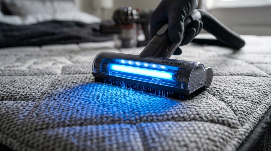 Um close-up de um aspirador de pó especializado em colchões sendo usado em um colchão acolchoado cinza. O dispositivo tem uma luz ultravioleta azul brilhante acesa e está aspirando visivelmente pequenas partículas de poeira que brilham sob a luz. Uma mão enluvada de preto segura o aspirador, que tem o texto "UV Clean" visível.
