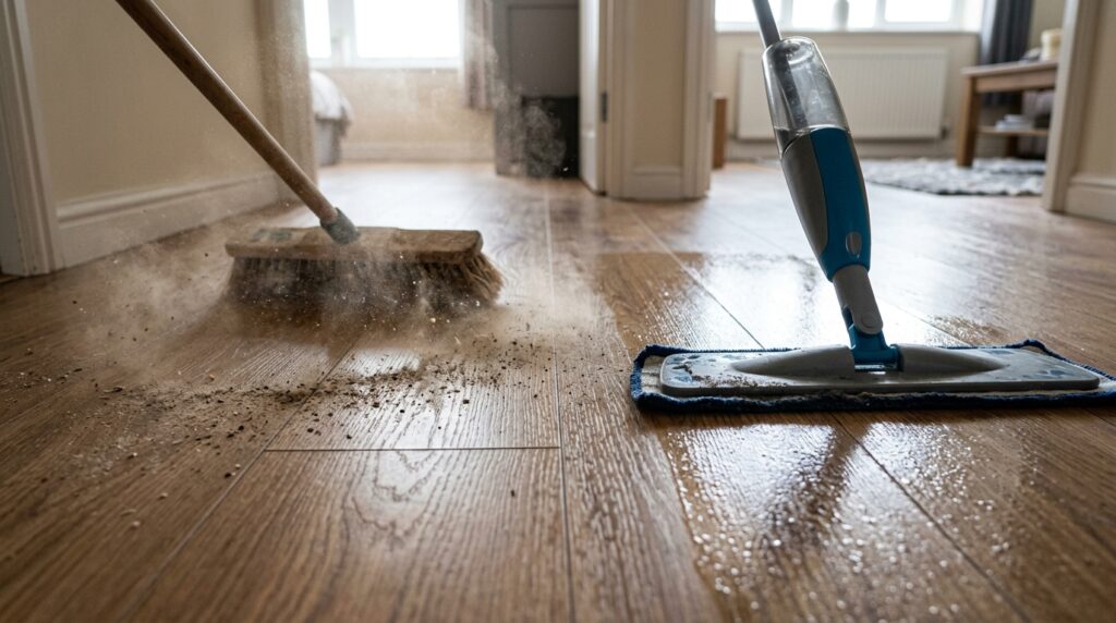 Comparação técnica de limpeza em um piso de madeira laminada. À esquerda, uma vassoura de cerdas naturais é mostrada levantando partículas de sujeira para o ar. À direita, um mop de spray moderno desliza pelo chão, deixando um rastro úmido e capturando a poeira sem dispersá-la, demonstrando uma higienização mais eficiente.