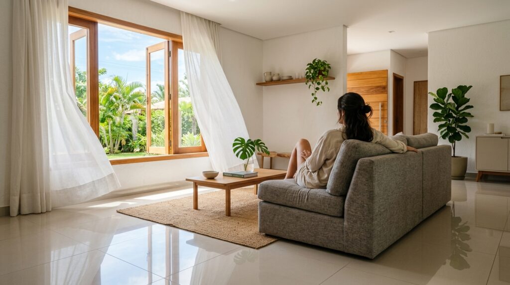 Sala de estar moderna, ampla e impecavelmente limpa. Uma mulher sentada em um sofá cinza observa um jardim ensolarado através de grandes janelas abertas. Cortinas brancas leves balançam ao vento e o piso de porcelanato brilha, refletindo a luz natural. A atmosfera transmite paz, frescor e organização completa.