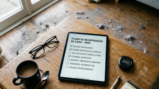 Visão aproximada de uma mesa de madeira rústica com um iPad exibindo um checklist digital intitulado "Plano de Recuperação da Casa - 2026". Ao redor do dispositivo, há uma caneca de café, óculos de grau e um cronômetro. Ao fundo, o chão de madeira está visivelmente negligenciado, com acúmulo de poeira e tufos de sujeira.