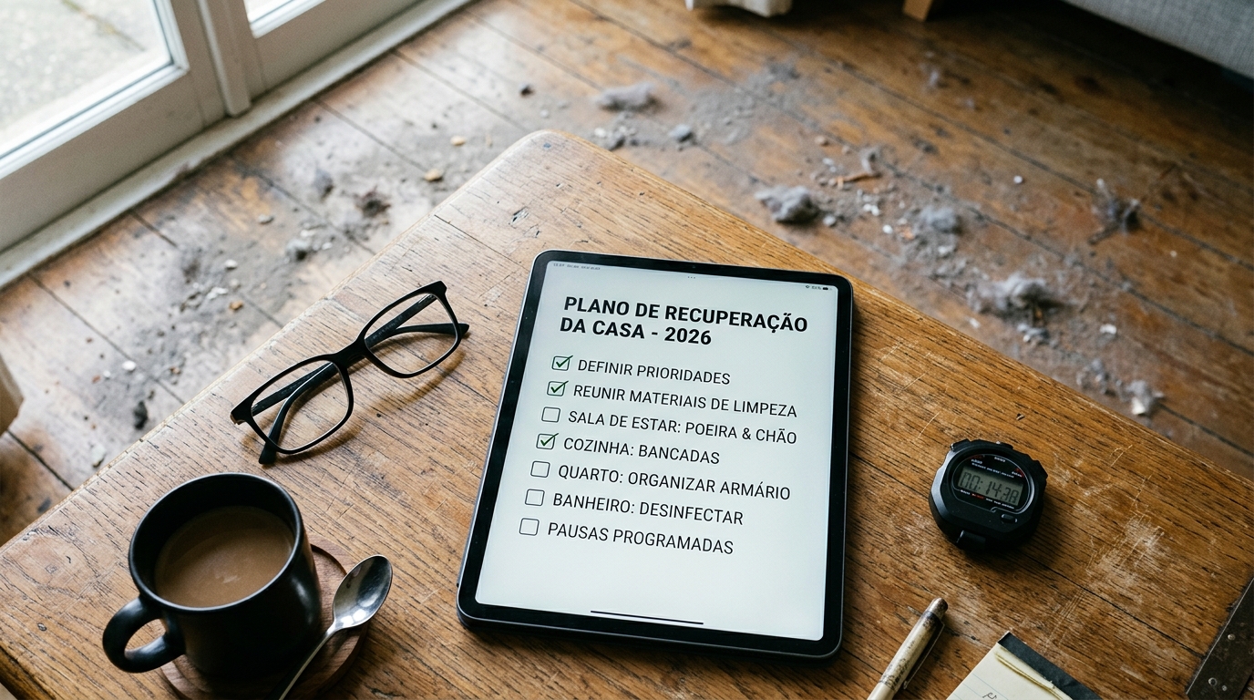 Visão aproximada de uma mesa de madeira rústica com um iPad exibindo um checklist digital intitulado "Plano de Recuperação da Casa - 2026". Ao redor do dispositivo, há uma caneca de café, óculos de grau e um cronômetro. Ao fundo, o chão de madeira está visivelmente negligenciado, com acúmulo de poeira e tufos de sujeira.