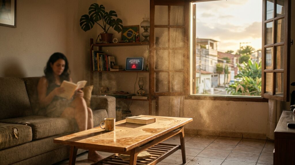 Sala de estar em tons quentes de final de tarde, onde partículas de poeira são claramente vistas flutuando em feixes de luz solar vindos da janela. Uma mulher lê no sofá ao fundo, enquanto um dispositivo digital sobre a estante exibe um alerta vermelho de "Baixa Qualidade do Ar", simbolizando os riscos respiratórios de uma casa sem manutenção.