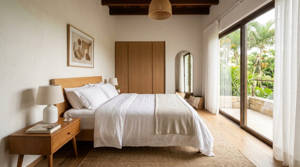 Um quarto de casal amplo e minimalista, transmitindo extrema organização e tranquilidade. A cama está arrumada com lençóis brancos impecáveis e uma manta bege. O mobiliário é de madeira clara, e uma grande porta de correr de vidro revela uma varanda com um jardim tropical exuberante sob a luz natural do dia.