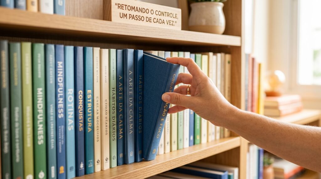 Close-up de uma mão retirando um livro de capa azul intitulado "Organização e Foco" de uma estante de madeira clara perfeitamente organizada. Outros livros na prateleira exibem títulos como "Mindfulness", "Rotinas", "Conquistas" e "A Arte da Calma". Logo acima, uma placa decorativa de madeira traz a frase: "Retomando o controle, um passo de cada vez."