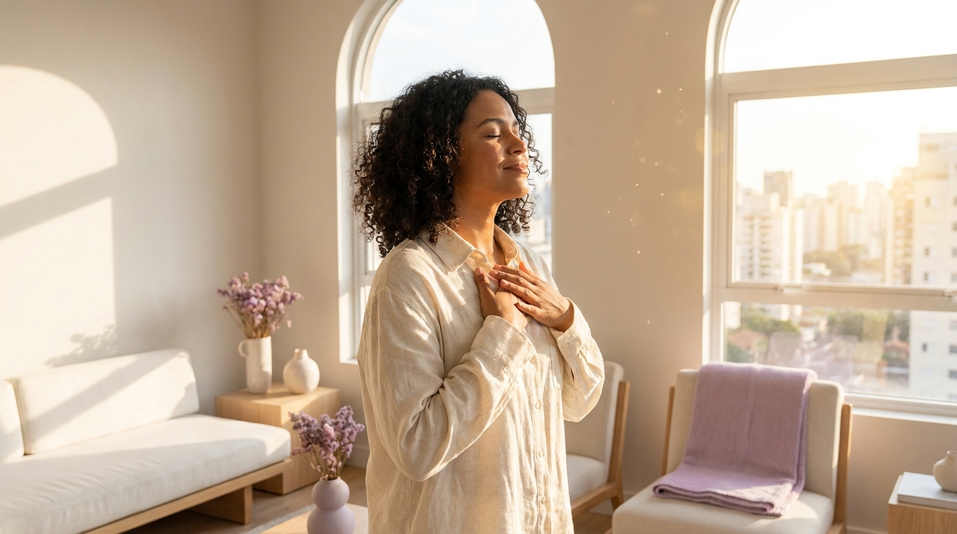 Mulher negra da imagem anterior, agora em uma sala de estar impecavelmente limpa e ensolarada. Ela está de olhos fechados, com as mãos sobre o coração e um sorriso sereno, inspirando profundamente. A luz dourada do pôr do sol entra pelas janelas em arco, destacando vasos com flores lilás e uma atmosfera de alívio e clareza mental.