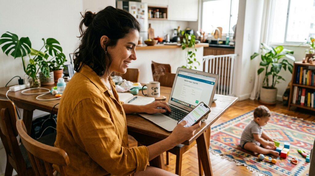 Fotografia de uma mulher sorridente sentada a uma mesa de jantar de madeira, usando um notebook e um smartphone ao mesmo tempo. No notebook, é possível ver uma tela de agendamento com o título "Agendar limpeza - Casa/Apto". Ela veste uma camisa amarela e, na mesa, há uma caneca com a frase "Café & Caos", anotações, plantas e uma mamadeira. Ao fundo, em uma sala iluminada e integrada à cozinha, um bebê brinca no chão sobre um tapete colorido com blocos de montar.