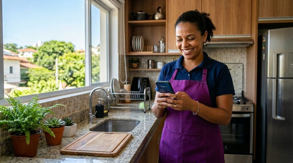 Fotografia de uma mulher sorridente, vestindo uma camisa polo azul escuro e um avental roxo, em pé em uma cozinha residencial bem iluminada. Ela segura um smartphone com as duas mãos e olha para a tela com expressão amigável. A cozinha possui bancada de granito, armários de madeira, pia com escorredor de louças e uma grande janela à esquerda que revela uma vista ensolarada com árvores e casas. Sobre a bancada, há também uma tábua de corte de madeira e pequenos vasos de plantas.