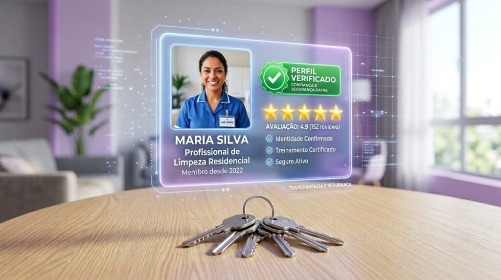 Imagem digital e conceitual mostrando um molho de chaves de metal repousando sobre uma mesa de madeira clara. Flutuando logo acima das chaves, há um painel holográfico luminoso exibindo o perfil profissional de uma mulher. O painel mostra a foto de uma mulher sorridente de uniforme, com o nome "MARIA SILVA", descrita como "Profissional de Limpeza Residencial". O perfil possui um selo verde de "PERFIL VERIFICADO", uma avaliação de 4.9 com cinco estrelas douradas e marcações de segurança confirmando "Identidade Confirmada", "Treinamento Certificado" e "Seguro Ativo". Ao fundo, vê-se uma sala de estar levemente desfocada em tons de lilás e branco.