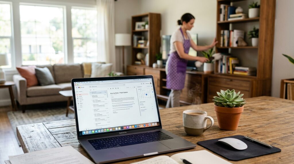 Fotografia de um ambiente integrado de sala e escritório em casa. Em primeiro plano e em foco, há uma mesa de madeira rústica com um notebook aberto exibindo uma tela de e-mail e calendário. Ao lado do computador, repousam uma caneca de café fumegante, um pequeno vaso com uma planta suculenta, um mouse branco em um mousepad escuro e um caderno aberto com uma caneta. Ao fundo, levemente desfocada, uma mulher com cabelos presos e vestindo um avental lilás limpa e organiza uma estante de madeira na sala de estar.