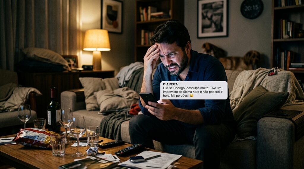 Fotografia noturna de um homem sentado em um sofá com expressão de forte estresse e frustração. Ele apoia uma mão na testa enquanto olha para a tela do celular que segura com a outra mão. Sobreposta à imagem, há uma caixa flutuante simulando um balão de mensagem de texto que diz: "DIARISTA: Oie Sr. Rodrigo, desculpe muito! Tive um imprevisto de última hora e não poderei ir hoje. Mil perdões! 😥". A sala de estar ao seu redor está bastante bagunçada; a mesa de centro à sua frente está cheia de itens, incluindo uma garrafa de vinho pela metade, taças, um saco de salgadinhos aberto, copos, controles remotos e papéis espalhados. A iluminação do ambiente é baixa e amarelada.