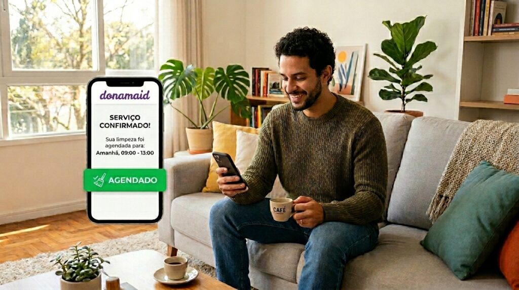 Fotografia de um homem jovem de barba sentado em um sofá cinza confortável em uma sala de estar bem iluminada com plantas. Ele veste um suéter verde-oliva e calças escuras, sorrindo enquanto olha para o seu smartphone. Flutuando holograficamente no ar, logo acima e à esquerda do celular, há uma tela de confirmação digital do aplicativo "donamaid" com o título "SERVIÇO CONFIRMADO!". O texto detalha a data e o horário agendados ("Amanhã, 09:00 - 13:00") e um grande botão verde diz "AGENDADO". Ele também segura uma caneca com a palavra "CAFÉ". Uma janela com vista para árvores e uma estante de livros estão no fundo.