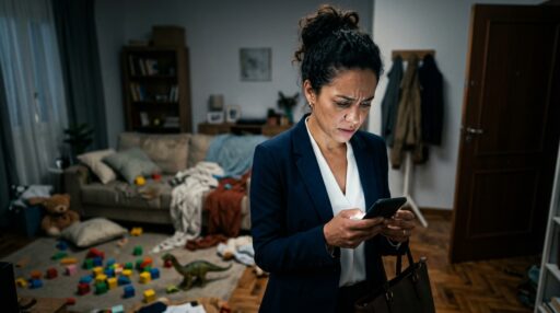 Fotografia tirada de um ângulo alto, focando em uma mulher em pé na sala de estar de uma casa. Ela veste um blazer azul-marinho profissional e uma camisa branca, segurando e olhando intensamente para um smartphone iluminado. Sua expressão está preocupada. A sala ao seu redor está bagunçada com brinquedos infantis espalhados pelo chão e no sofá, incluindo um dinossauro de brinquedo, blocos e cobertores, contrastando com sua aparência profissional. Uma estante de livros e um casaco pendurado em um cabideiro desfocados completam o fundo.