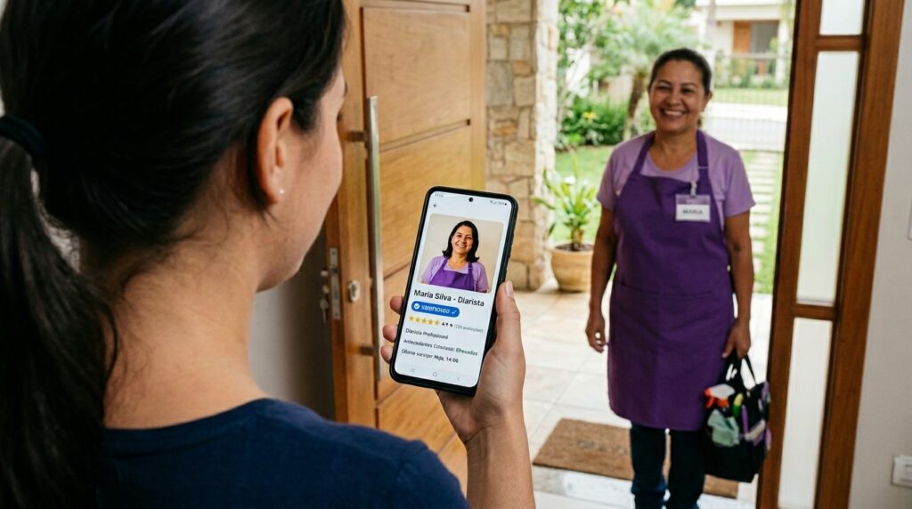 Fotografia em perspectiva de primeira pessoa (ponto de vista), onde uma mulher à esquerda (em foco suave) segura um smartphone e observa o perfil digital de uma profissional de limpeza. A tela do celular exibe o aplicativo "Diarista: Maria Silva", mostrando a foto da profissional sorrindo, um selo verde de "PERFIL VERIFICADO" e uma avaliação de 5 estrelas. Maria Silva, a profissional de limpeza real, está em pé à direita, na porta de madeira da casa, sorrindo e vestindo um avental roxo. Ela segura uma bolsa de limpeza preta com produtos visíveis. O ambiente está bem iluminado com luz natural.