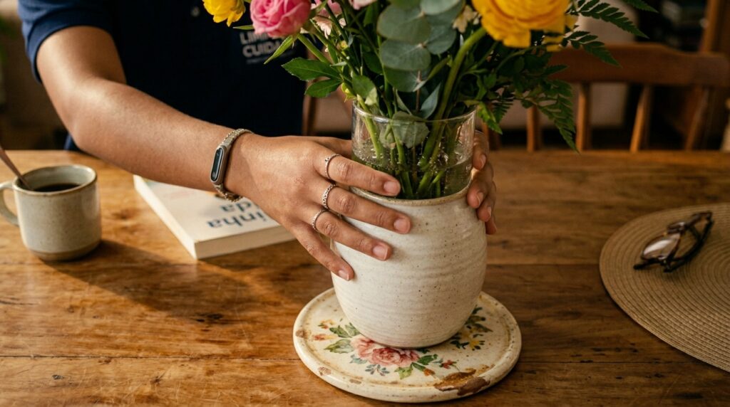 Close-up das mãos de uma profissional organizando um vaso com rosas coloridas sobre uma mesa de madeira rústica. Ela usa anéis prateados e uma pulseira inteligente (smartband). Sobre a mesa, em um plano mais aberto, veem-se uma xícara de café, um livro e um par de óculos sobre um descanso de mesa redondo.
