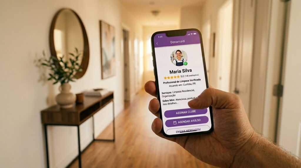 Uma mão segura um smartphone em primeiro plano, exibindo o aplicativo Donamaid. Na tela, aparece o perfil de Maria Silva, descrita como "Profissional de Limpeza Verificada" com avaliação de 5 estrelas. Abaixo, há botões para "Assinar Clube", "Agendar Avulso" e "Enviar Mensagem". O fundo mostra o corredor iluminado de uma casa em um desfoque suave.