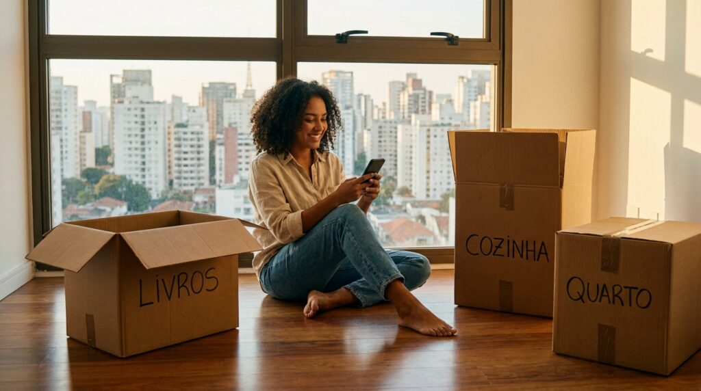 Uma mulher jovem com cabelos cacheados e sorridente está sentada no chão de madeira de um apartamento, em frente a uma grande janela de vidro. Ela segura um smartphone, aparentando organizar serviços para sua nova casa. Ao seu redor, há três caixas de papelão abertas, identificadas manualmente com caneta preta: "LIVROS", "COZINHA" e "QUARTO". Através da janela, vê-se uma ampla paisagem urbana com diversos prédios sob a luz suave do dia.