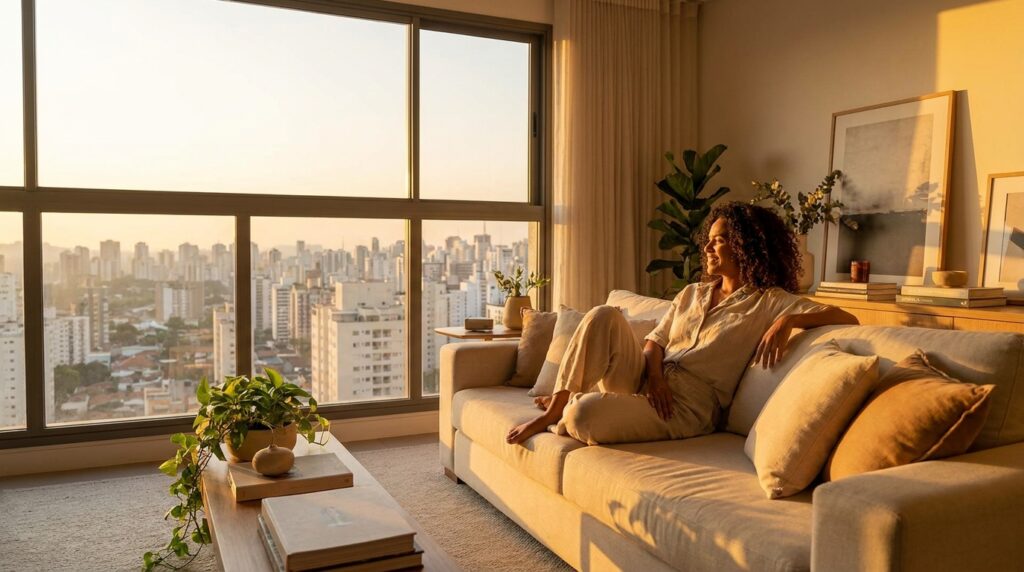 A mesma mulher da imagem anterior aparece agora relaxada e sorridente, descansando em um sofá de cor clara em sua sala de estar organizada. O ambiente é banhado pela luz dourada do pôr do sol, que entra pela grande janela ao fundo, revelando a silhueta da cidade. A sala possui plantas decorativas sobre uma mesa de centro de madeira e livros arrumados, transmitindo uma sensação de paz, limpeza e dever cumprido após a mudança.