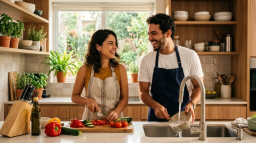 Casal jovem sorrindo e interagindo enquanto dividem as tarefas na cozinha. A mulher, à esquerda, corta pimentões e legumes coloridos em uma tábua de madeira, enquanto o homem, à direita, lava a louça na pia. O ambiente é moderno, iluminado e decorado com vasos de ervas frescas.