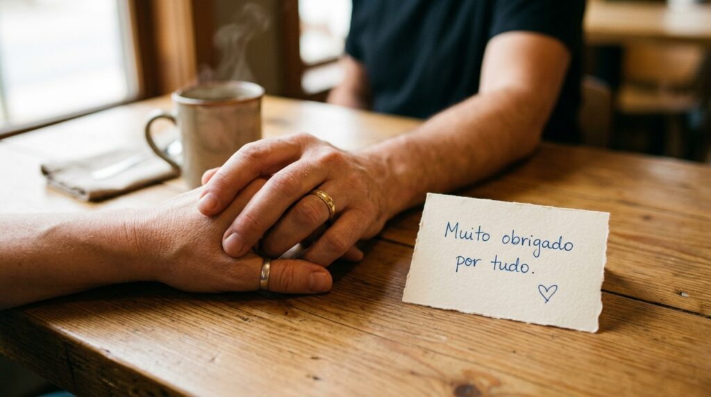 Close-up das mãos de um casal unidas sobre uma mesa de madeira rústica. Ao lado, há uma caneca de café fumegante e um pequeno bilhete manuscrito que diz: "Muito obrigado por tudo", acompanhado de um desenho de coração.