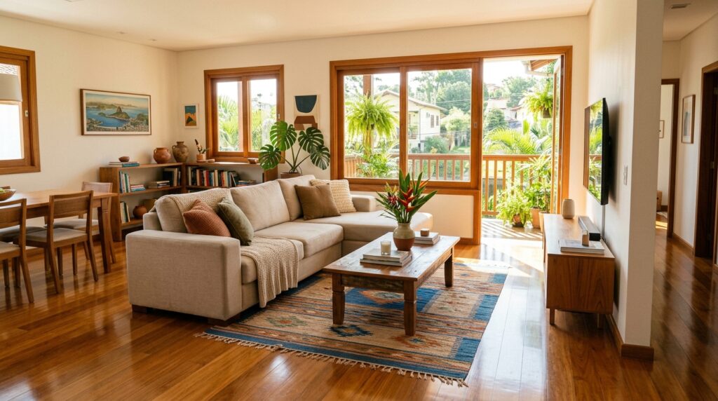 Sala de estar ampla, limpa e ensolarada. O ambiente possui piso de madeira polida, sofá bege com mantas, mesa de centro de madeira e diversas plantas ornamentais. Grandes janelas de vidro revelam um jardim externo, transmitindo uma sensação de organização e bem-estar.