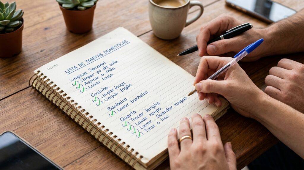 Close das mãos de duas pessoas organizando uma "Lista de Tarefas Domésticas" em um caderno de espiral. A lista está dividida por cômodos (sala, cozinha, banheiro, quarto) e a maioria dos itens, como "lavar louça" e "limpar fogão", já possui um check verde de concluído.