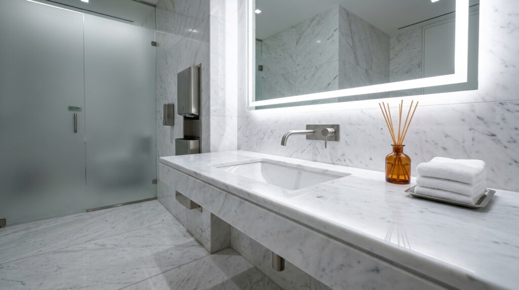Fotografia de um banheiro comercial de luxo com acabamento impecável, todo revestido em mármore branco com veios cinzas. A bancada de mármore possui uma cuba embutida branca e uma torneira metálica de design moderno. Sobre a bancada, há um aromatizador de ambientes com varetas em um frasco âmbar e uma pilha de toalhas brancas pequenas e dobradas em uma bandeja. O espelho retangular grande possui iluminação de LED embutida na moldura. Ao fundo, uma porta de vidro jateado e dispensers de metal na parede.