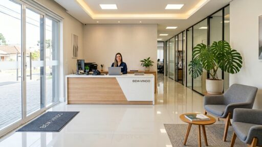 Fotografia de uma recepção de escritório ampla, moderna e muito iluminada. O chão é de porcelanato branco brilhante e reflete a luz. No centro, um balcão de recepção em tons de branco e madeira clara com a inscrição "BEM-VINDO". Uma recepcionista sorridente está sentada atrás do balcão com um laptop. À direita, há uma área de espera com duas poltronas cinzas e uma pequena mesa de centro. Ao fundo, um corredor longo com divisórias de vidro e plantas decorativas, como uma costela-de-adão.