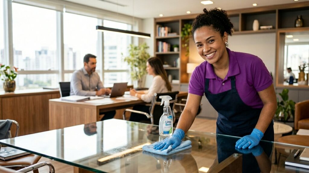 Fotografia de uma profissional de limpeza sorridente em um ambiente de escritório. Ela tem cabelos cacheados presos, veste uma camisa polo roxa, avental azul-marinho e usa luvas de limpeza azuis. Ela está limpando uma mesa de vidro transparente com um pano azul; sobre a mesa está um frasco de produto de limpeza. Ao fundo, em desfoque, um homem e uma mulher trabalham em suas mesas em frente a uma grande janela que revela uma vista urbana.
