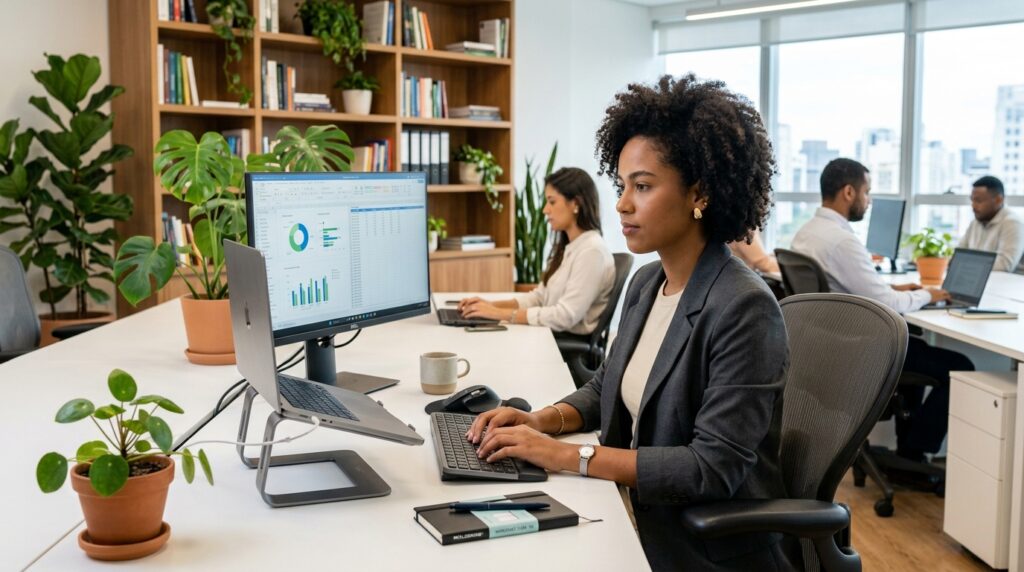 Fotografia de uma mulher negra com cabelos cacheados trabalhando concentrada em um escritório moderno, organizado e limpo. Ela veste um blazer cinza e digita em um teclado; seu monitor exibe gráficos coloridos e planilhas. A mesa branca de trabalho contém um notebook em um suporte metálico, um pequeno vaso de planta e um caderno. Ao fundo, outros colegas trabalham em suas estações e há uma estante de madeira repleta de livros e plantas.