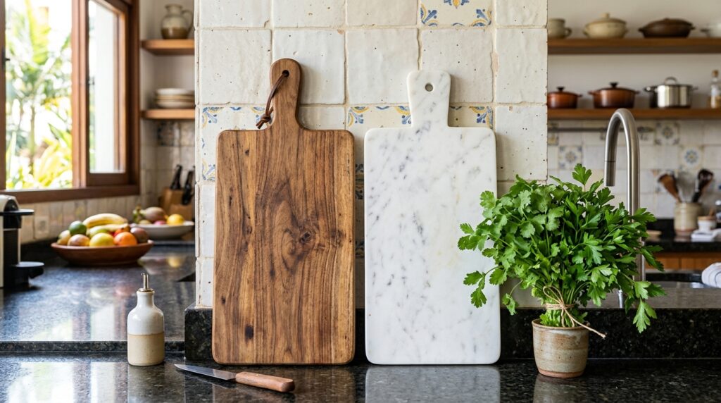 Fotografia de uma bancada de cozinha em granito escuro, onde duas tábuas de corte com pegadores — uma de madeira rústica com veios naturais e outra de mármore branco — estão apoiadas verticalmente contra uma parede de azulejos claros. À direita das tábuas, um pequeno vaso de cerâmica contém um maço viçoso de ervas frescas (salsa ou coentro) amarrado com barbante. Sobre a bancada, veem-se também uma faca pequena e um galheteiro de cerâmica. O ambiente é banhado pela luz natural vinda de uma janela lateral, revelando ao fundo uma fruteira com bananas e prateleiras de madeira organizadas.