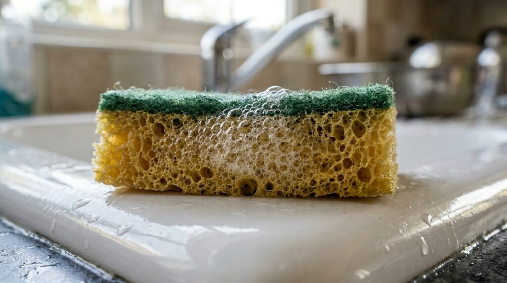 Fotografia em close-up de uma esponja de cozinha amarela com face verde, coberta por bolhas de sabão brancas. Ela está apoiada na borda de uma pia branca. O fundo da imagem está desfocado, mostrando uma torneira metálica e a claridade de uma janela, destacando a textura porosa da esponja úmida.