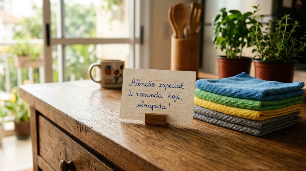 Sobre um móvel de madeira rústica, um bilhete manuscrito em um suporte diz: "Atenção especial à varanda hoje, obrigada!". Ao lado do bilhete, há uma pilha organizada de quatro panos de microfibra nas cores azul, verde, amarelo e cinza. Ao fundo, em desfoque, aparecem utensílios de cozinha em um suporte de madeira e vasos com ervas frescas, como manjericão.