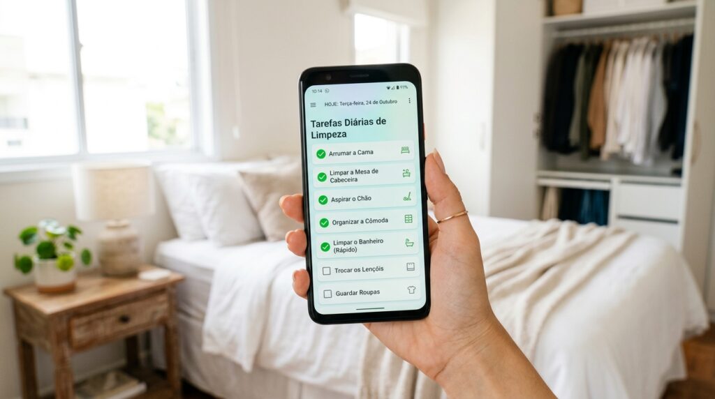 Close-up de uma mão segurando um smartphone que exibe um aplicativo de lista de tarefas intitulado "Tarefas Diárias de Limpeza". Tarefas como "Arrumar a Cama", "Limpar a Mesa de Cabeceira", "Aspirar o Chão", "Organizar a Cômoda" e "Limpar o Banheiro (Rápido)" estão marcadas com um check verde. Ao fundo, vê-se um quarto claro e bem arrumado, com uma cama branca e uma mesa de cabeceira de madeira.