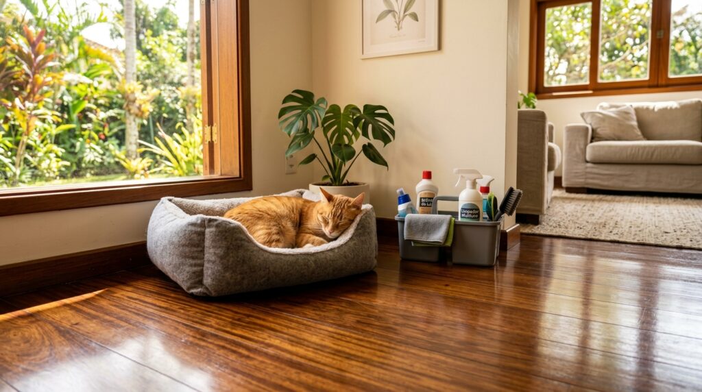 Um gato laranja dorme tranquilamente em uma caminha cinza sobre um piso de madeira polida. Ao lado da caminha, há um organizador de limpeza cinza com vários frascos de produtos, borrifadores, panos e uma escova. O ambiente é iluminado pela luz natural que vem de uma grande janela de madeira, revelando um jardim verde ao fundo. Uma planta costela-de-adão decora o canto da sala.
