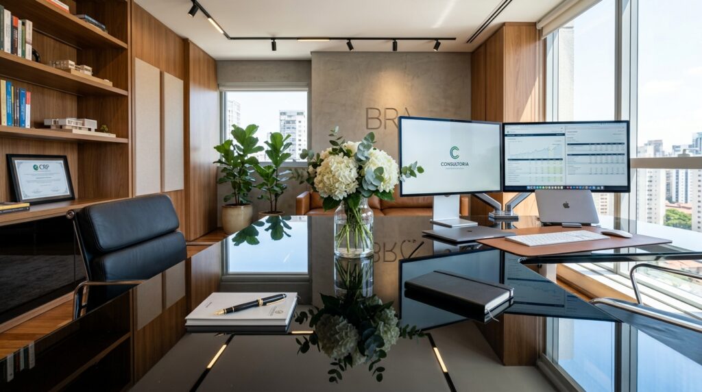 Escritório executivo moderno com uma mesa de vidro preta perfeitamente limpa e reflexiva. Sobre a mesa, há um vaso de flores brancas, um notebook e monitores com gráficos. O ambiente possui grandes janelas com vista para a cidade e estantes organizadas, transmitindo profissionalismo e higiene.