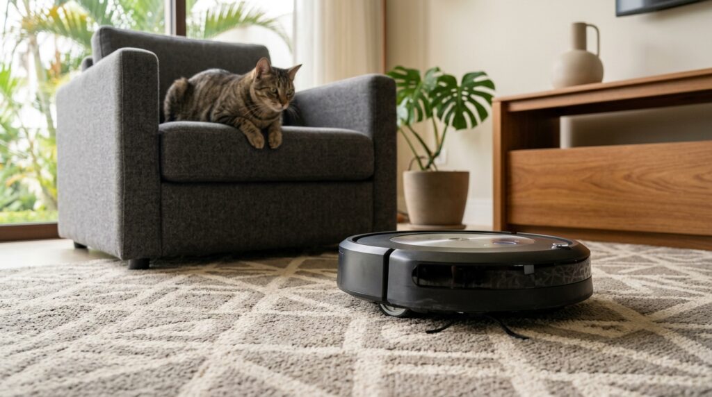Um gato sentado em uma poltrona cinza observa um aspirador de pó robô preto limpando um tapete estampado em uma sala de estar moderna. O ambiente é iluminado e decorado com plantas, destacando a eficácia da tecnologia na remoção de pelos e poeira.