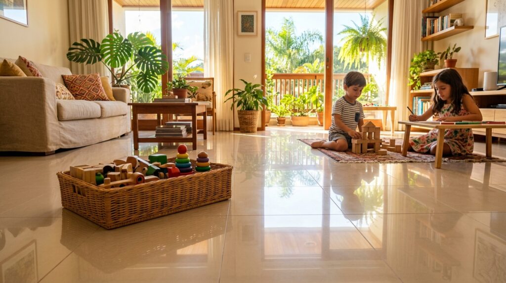 Sala de estar ampla e ensolarada com um piso de porcelanato impecável que reflete a luz das janelas. Ao fundo, duas crianças brincam com blocos de madeira no chão, enquanto em primeiro plano há um cesto de vime com brinquedos organizados, simbolizando uma casa com filhos mantida limpa e segura.