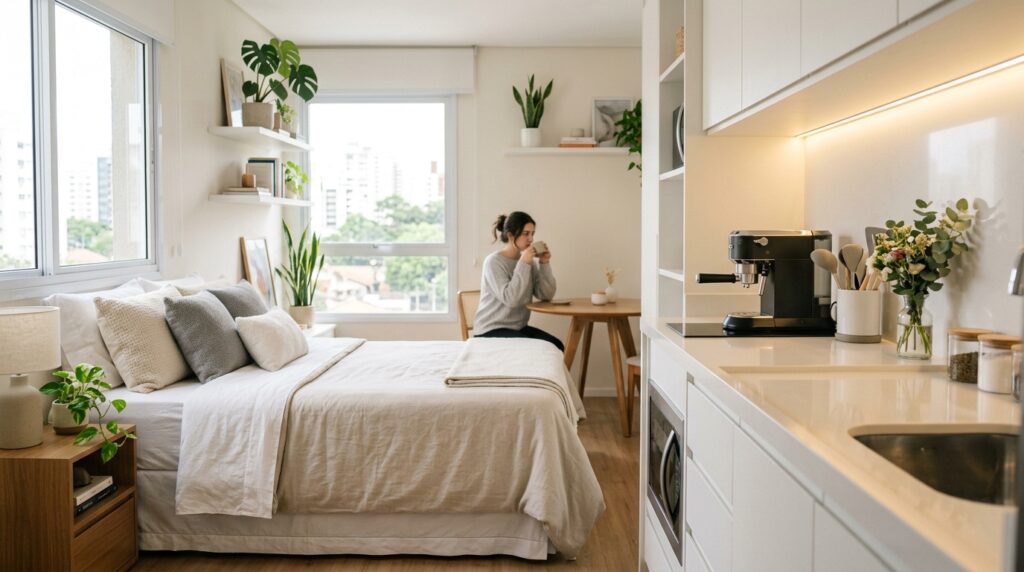 Apartamento estilo estúdio compacto e minimalista, integrando quarto e cozinha. O ambiente está totalmente organizado, com a cama arrumada e a bancada da cozinha brilhando. Ao fundo, uma mulher sentada em uma pequena mesa toma café, transmitindo a paz de um lar bem cuidado.