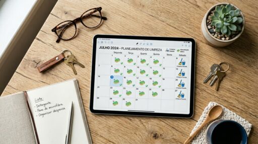Visão superior de uma mesa de madeira organizada com um tablet exibindo um calendário de "Planejamento de Limpeza". O calendário usa ícones de esponjas para manutenção diária e baldes para limpeza pesada. Ao lado, há um bloco de notas com uma lista de compras de produtos de limpeza, óculos e chaves.