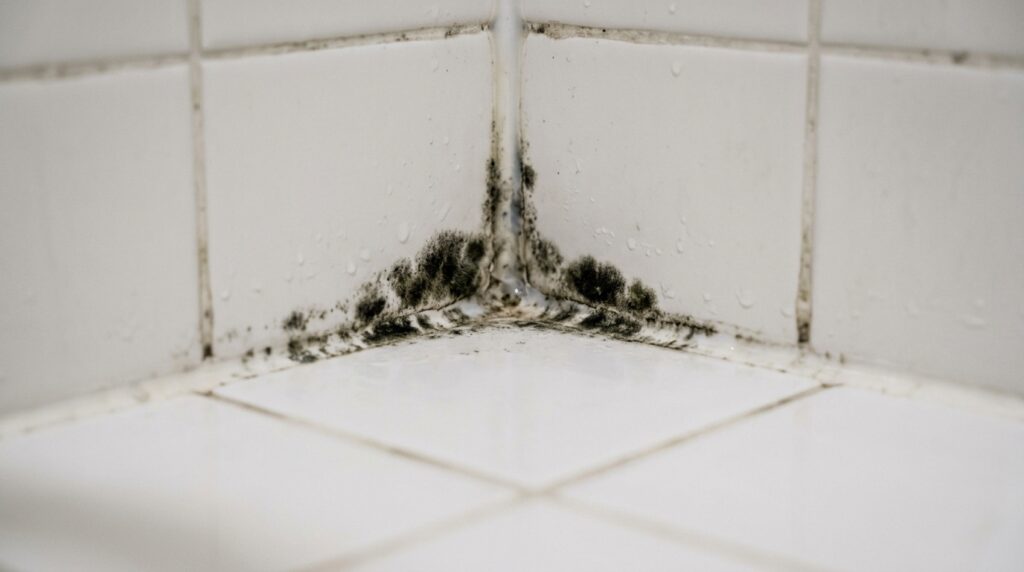 Fotografia em close-up do canto de uma parede revestida com azulejos brancos. Há um acúmulo significativo de mofo preto e escuro espalhado pelas linhas de rejunte e no silicone que une os cantos. Gotículas de água estão visíveis na superfície dos azulejos, indicando um ambiente úmido, característico de um box de banheiro.