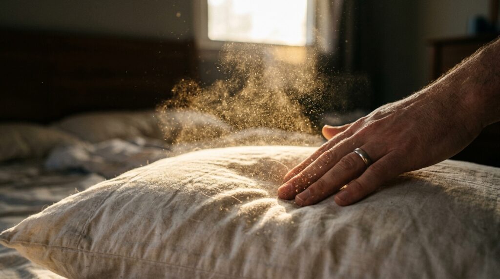 Fotografia em close-up de uma mão batendo ou pressionando um travesseiro de tecido bege sobre uma cama. O impacto da mão levanta uma espessa e visível nuvem de partículas de poeira e ácaros no ar. Essa nuvem de sujeira ganha forte destaque ao ser iluminada por um feixe de luz solar dourada que entra por uma janela ao fundo.