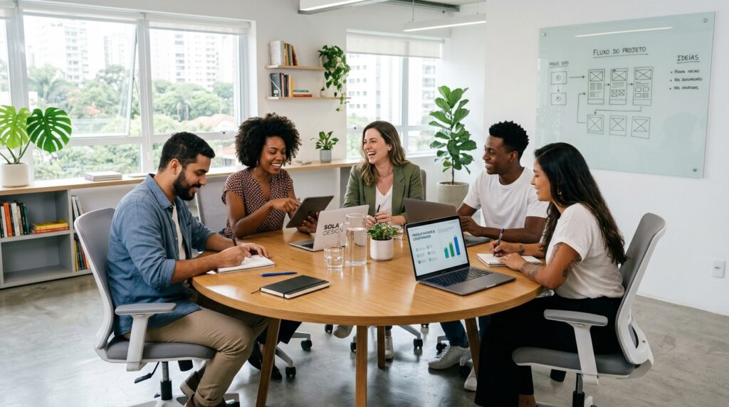 Grupo de cinco profissionais de diferentes etnias sorrindo e colaborando em volta de uma mesa redonda de madeira em um escritório moderno e iluminado. Eles utilizam notebooks, tablets e cadernos; ao fundo, um quadro branco exibe um fluxo de projeto.
