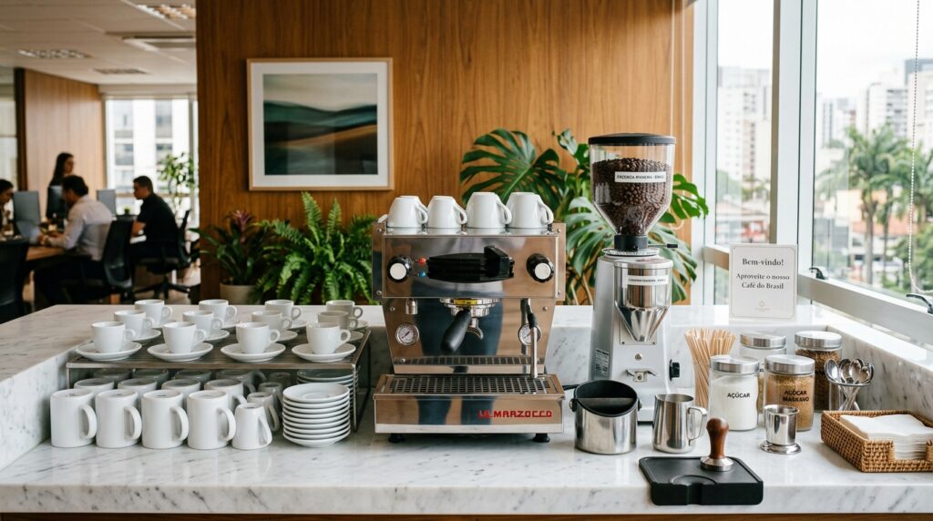 Detalhe de uma área de café profissional sobre uma bancada de mármore branco. Há uma máquina de espresso industrial da marca La Marzocco, dezenas de xícaras de porcelana branca organizadas, um moedor de grãos e potes de vidro com açúcar e colheres.