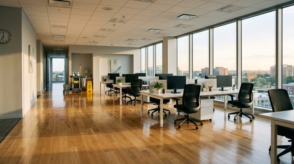 Vista ampla de um escritório corporativo vazio com piso de madeira clara polida e grandes janelas de vidro que mostram a cidade ao pôr do sol. No corredor, um carrinho de limpeza amarelo com equipamentos está posicionado, reforçando a manutenção do ambiente.