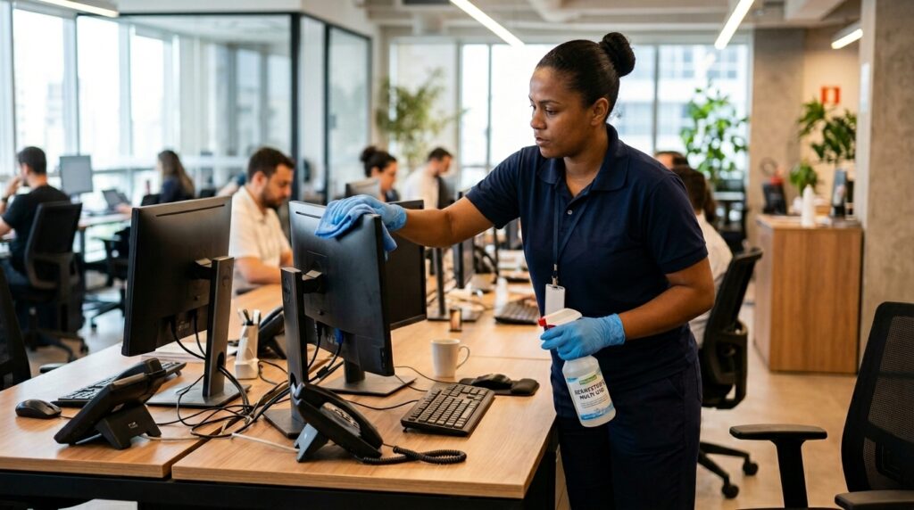 Uma profissional de limpeza, uma mulher negra usando luvas azuis e segurando um spray higienizador, limpa cuidadosamente o monitor de um computador com um pano de microfibra. Ela está em um escritório moderno e compartilhado, onde outros funcionários aparecem ao fundo trabalhando em suas mesas, ilustrando a manutenção da limpeza durante o expediente.