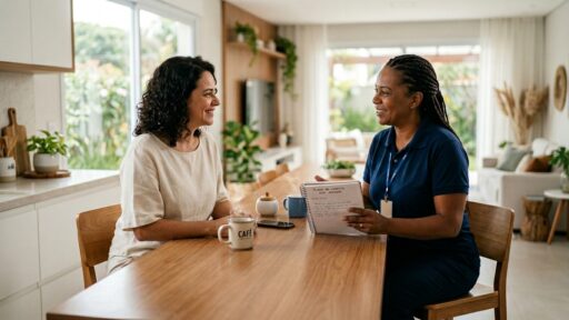 Duas mulheres conversam de forma amigável sentadas à mesa de madeira em uma residência iluminada. À esquerda, a cliente sorri enquanto escuta a profissional. À direita, uma profissional de limpeza negra com tranças e uniforme azul-marinho segura um caderno de anotações e uma caneta, demonstrando organização e alinhamento do serviço. Sobre a mesa, há canecas de café e um smartphone. Ao fundo, uma sala de estar moderna se integra a uma área externa com jardim.