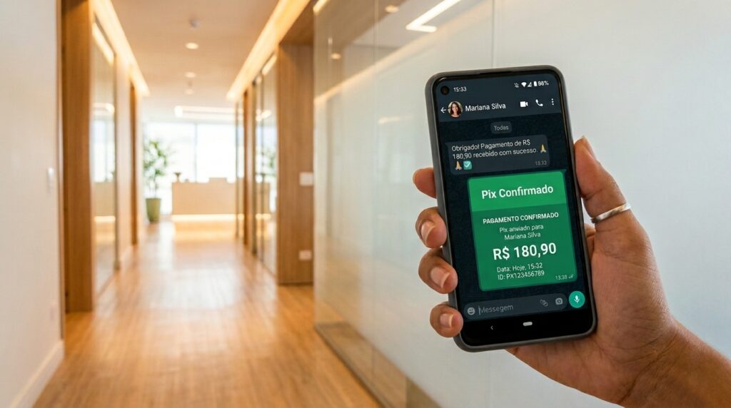 Close-up de uma mão segurando um smartphone que exibe uma conversa de WhatsApp com "Mariana Silva". Na tela, destaca-se um comprovante verde de "Pix Confirmado" no valor de R$ 180,90, acompanhado de uma mensagem de agradecimento pelo recebimento. O fundo da imagem mostra um corredor de escritório ou clínica moderna, com paredes de vidro e acabamentos em madeira, em um desfoque suave.