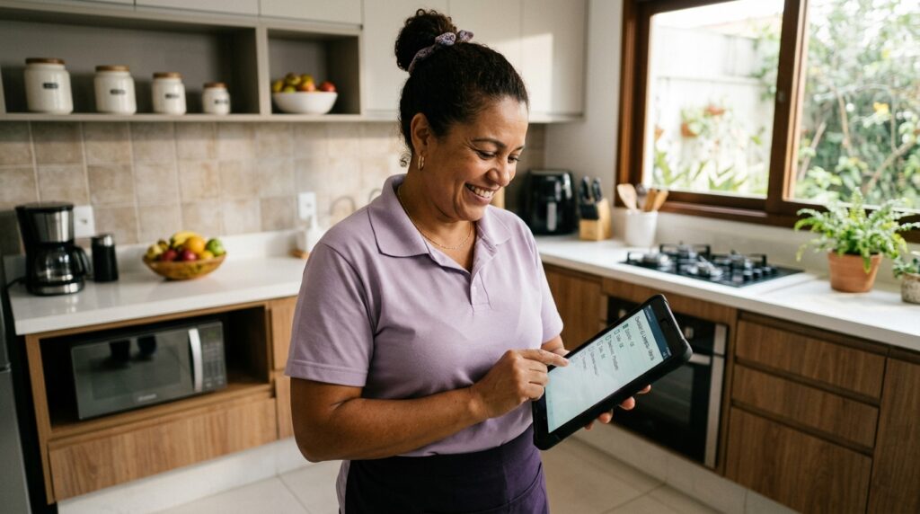 Profissional de limpeza sorridente em uma cozinha moderna, vestindo camisa polo lilás e avental escuro. Ela segura um tablet que exibe um checklist de tarefas domésticas, apontando para a tela. A cozinha ao fundo está limpa, com armários de madeira e eletrodomésticos organizados.