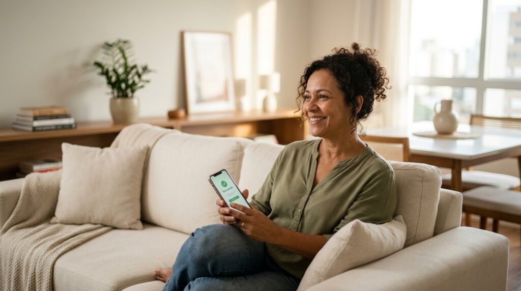 Mulher de cabelos cacheados sentada em um sofá bege, sorrindo enquanto segura um smartphone. A tela do aparelho exibe um ícone de confirmação verde com um checkmark, indicando um serviço agendado com sucesso. O ambiente é uma sala de estar iluminada, moderna e acolhedora.